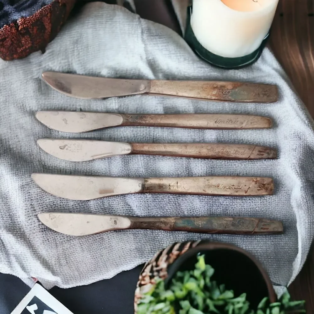 Vintage United‎ Airlines Knives Knife Lot x 5 Silver Plate Flatware Silverware.